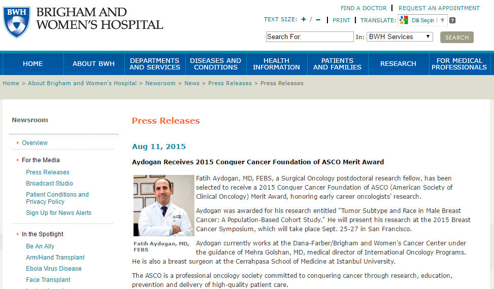 Aydogan Receives 2015 Conquer Cancer Foundation of ASCO Merit Award
